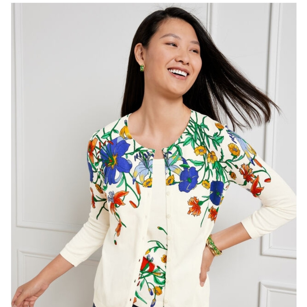 Floral Print Women's Top - Cream, Blue, Orange - Picture 8 of 16